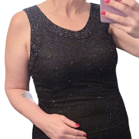 VTG 90s Laurence Kazar Black Beaded 100% Silk Formal Maxi Dress Large Sleeveless - Picture 2 of 12